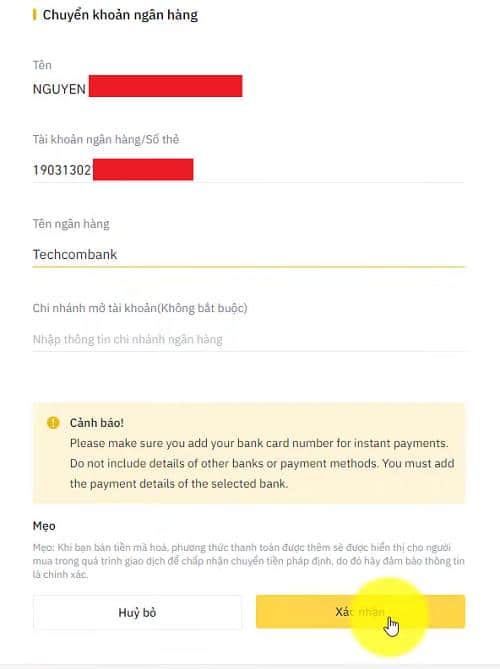 Chuyển tiền từ Binance về ngân hàng. Điền thông tin STK ngân hàng