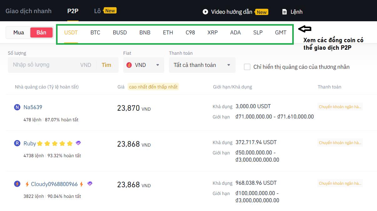 Chuyển tiền từ Binance về ngân hàng. Hãy đổi về những đồng coin có thể giao dịch P2p